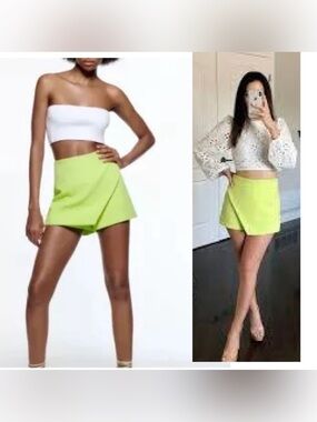 Zara Neon Lime GreenWrap Skort mini skirt Sz M